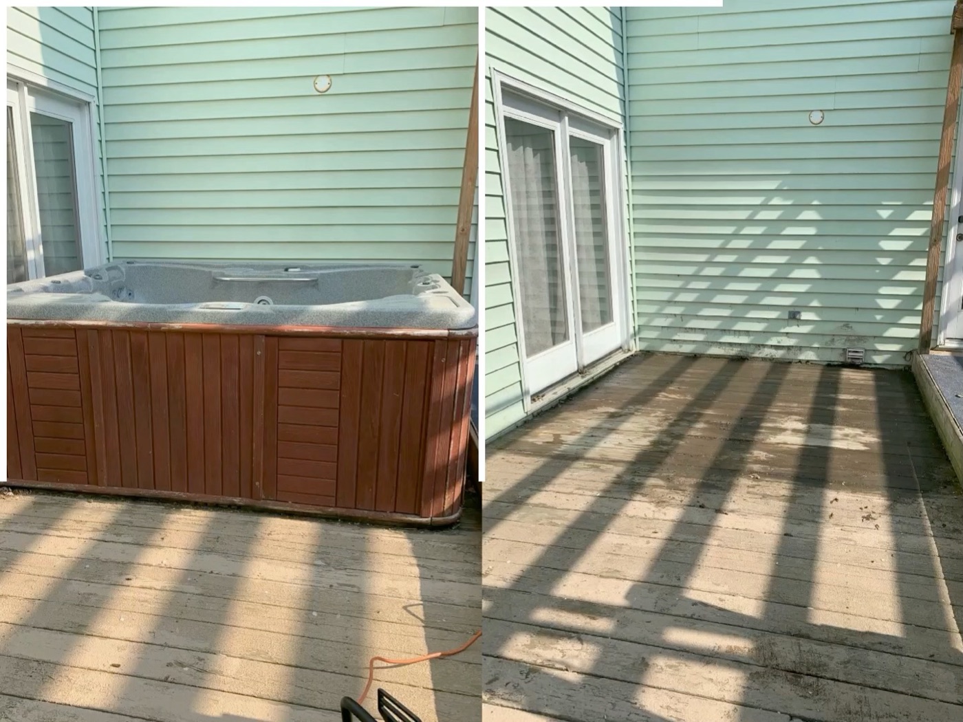 Hot tub on a deck beside the same deck after removal.